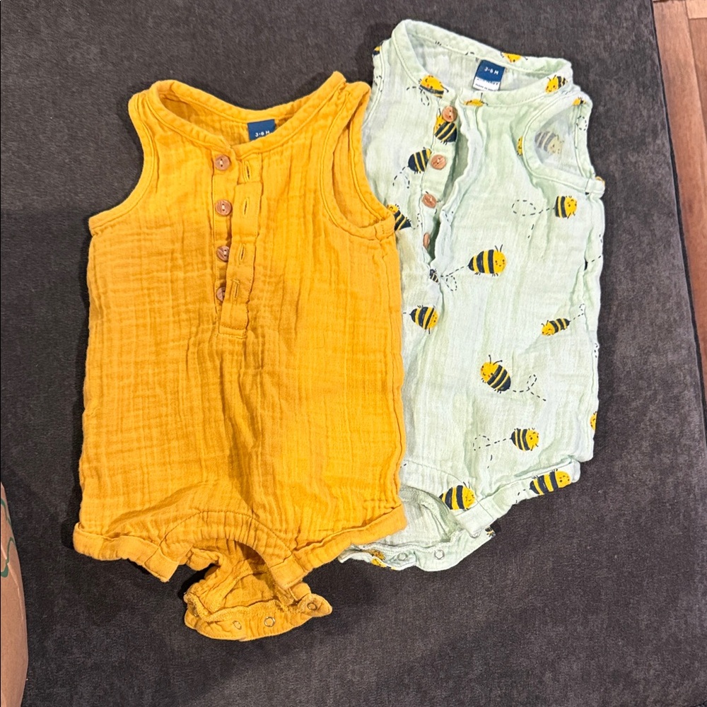 Baby Muslin Romper Set - Mustard Yellow + Mint Bee Print